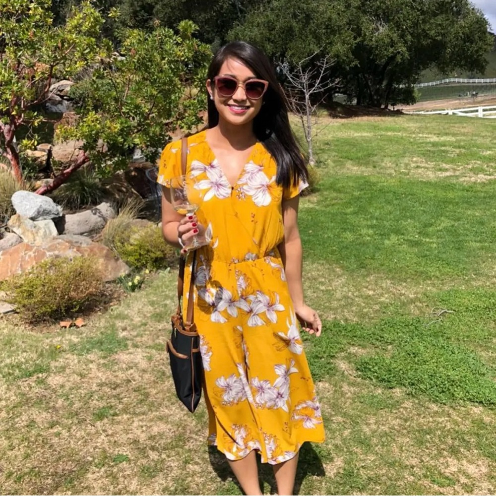 Flowy Yellow Jumpsuit with Floral Print